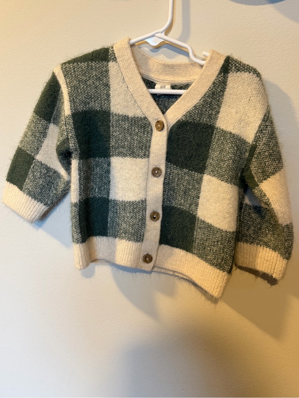 H&M Kids Green and Cream Buffalo-Check Cardigan Sweater